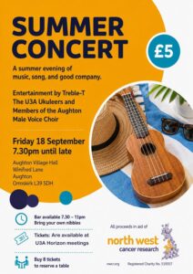 Poster advertissing a Summer Concert on Friday 18 September 2026 from 7.30pm until late. Entertainment by Treble-T, the u3a Ukuleers and members of thee Aughton Male Voice Choir. Venue is Aughton Village Hall